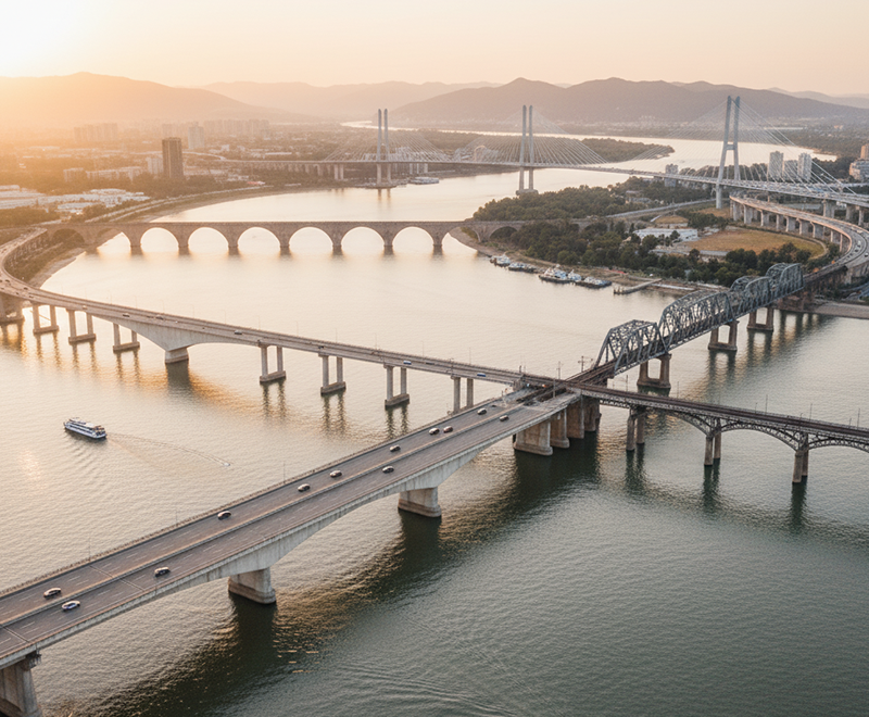 Various bridge structural types including arch, beam, and cable-stayed bridges